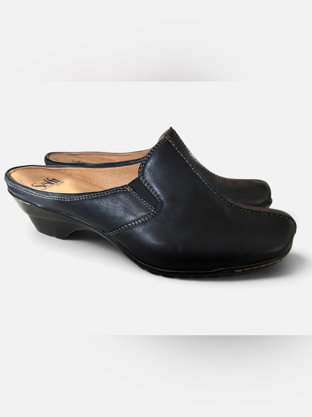 Sofft Women’s Black Leather Career Mules Ergonomic Comfort Footbed Slip On Shoes